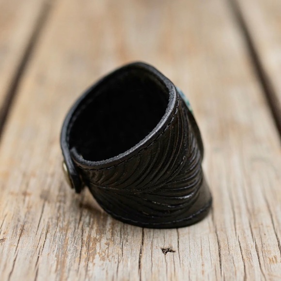 BUFFALO GIRL BLACK MANDALA LEATHER CUFF BRACELET WITH AUSTRALIAN CHRYSOCOLLA - Picture 8 of 8